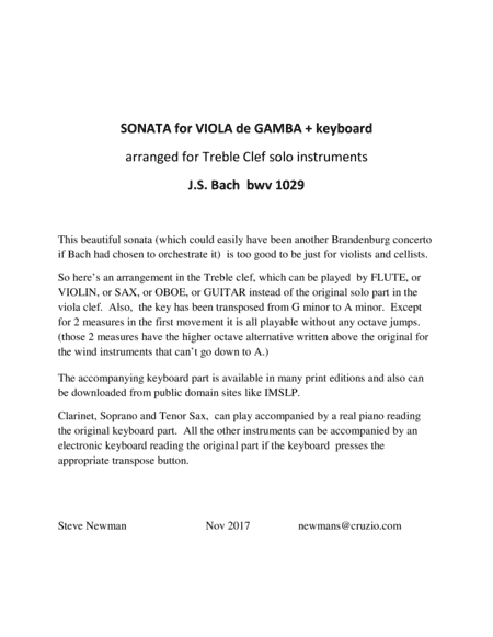 Bach bwv 1029 viola/cello sonata arranged for Treble clef instruments (arr. Steve Newman)