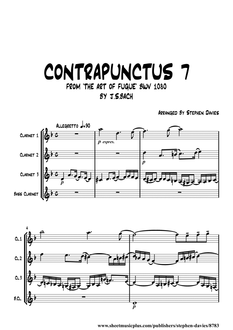 'Contrapunctus 7' By J.S.Bach BWV 1080 from 'The Art of the Fugue' for Clarinet Quartet. (arr. Stephen Davies)