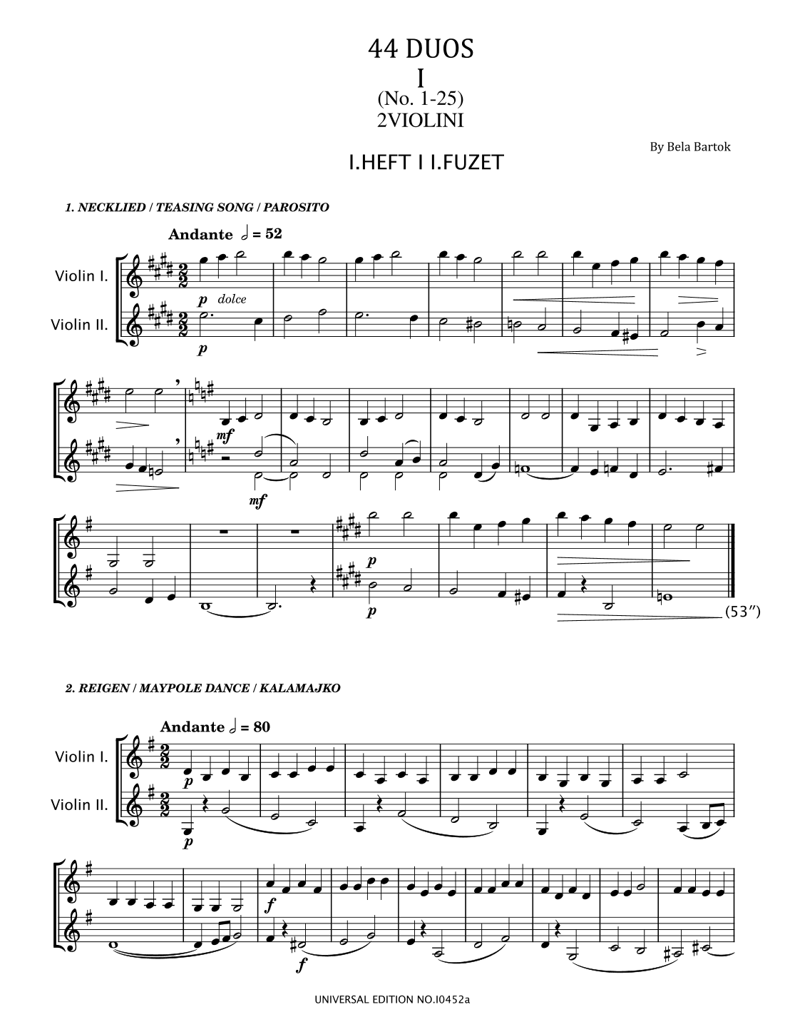 Béla Bartók - 44 Duos for Two Violins, Sz.98, BB 104 - No.1-25 Original (arr. poon)