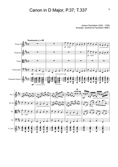 Canon in D Major, P.37; T.337. Arranged for String Quartet and Classical Guitar. Score and Parts (arr. Guilherme Facchetti)