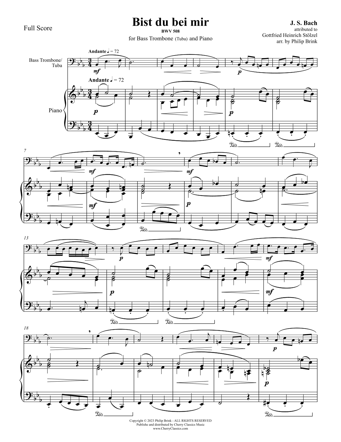Bist du bei mir for Bass Trombone or Tuba and Piano (arr. Philip Brink)