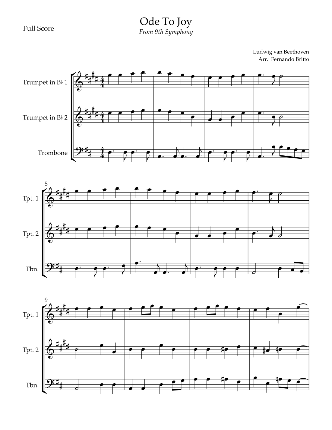 Ode To Joy Theme (from Beethoven's 9th Symphony) for Brass Trio (arr. Fernando Britto)