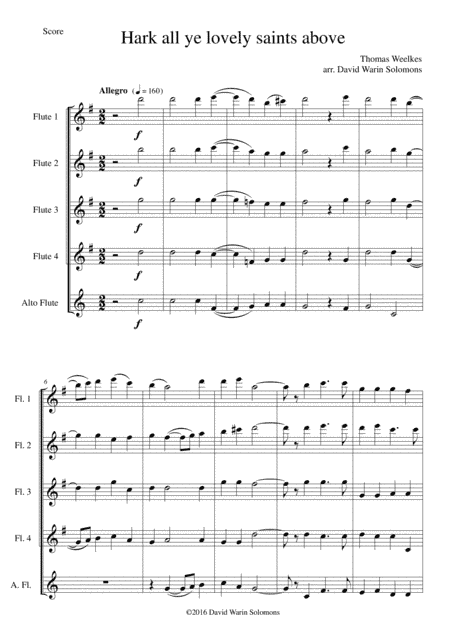 Hark all ye lovely saints above for flute quintet (4 flutes and 1 alto flute) (arr. David Warin Solomons)