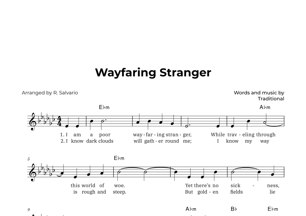 Wayfaring Stranger (Key of E-Flat Minor) (arr. R. Salvario)