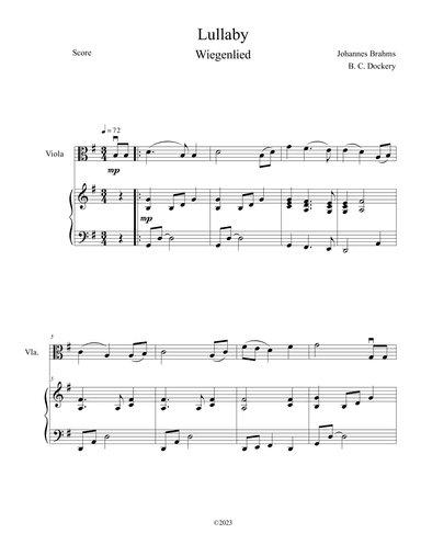 Brahms's Lullaby (Viola Solo with Piano Accompaniment) (arr. B. C. Dockery)