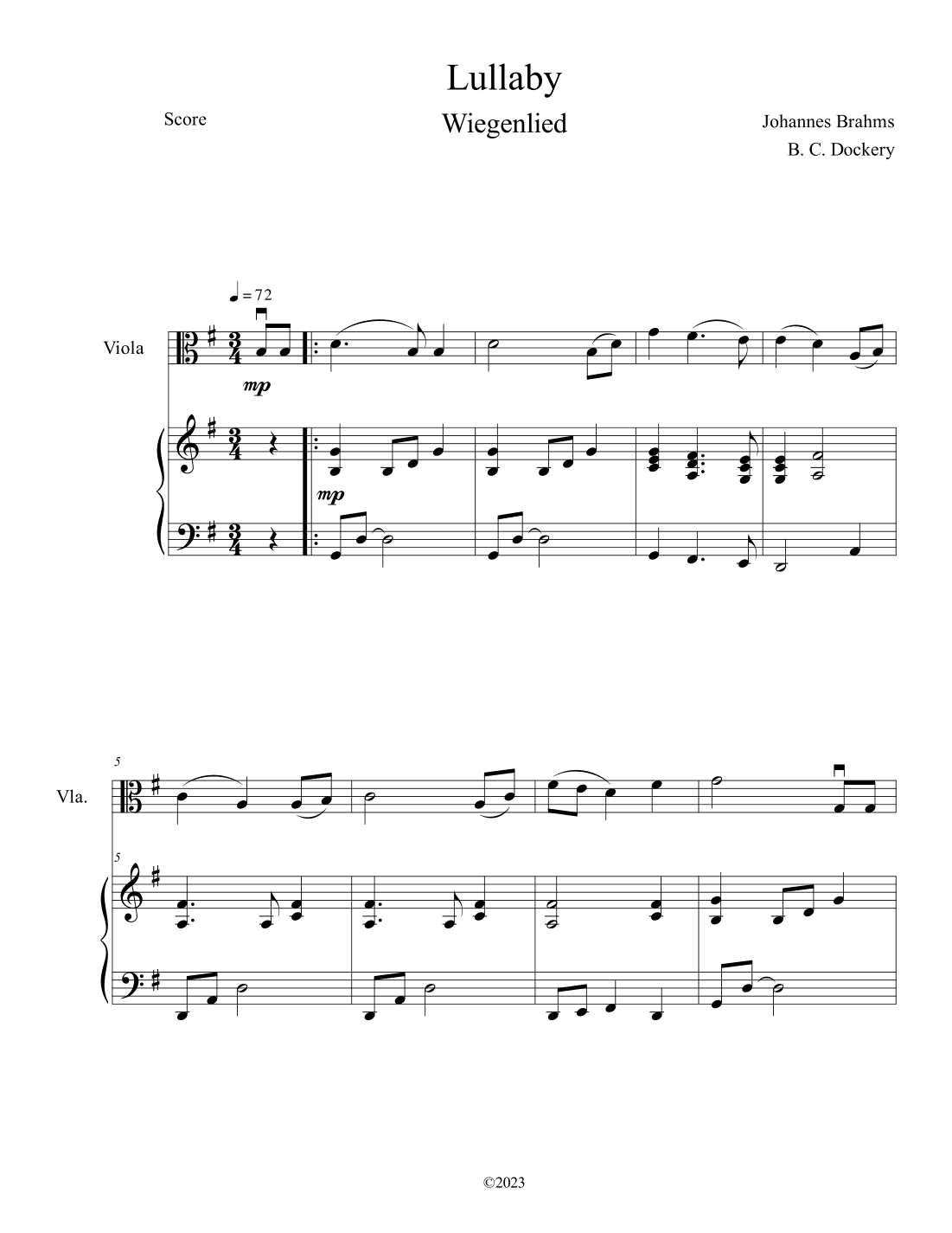 Brahms's Lullaby (Viola Solo with Piano Accompaniment) (arr. B. C. Dockery)