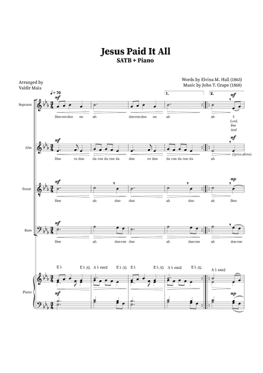 Jesus Paid It All - SATB Quartet or Choir (Piano Accompaniment + Chords) (arr. Valdir Maia)