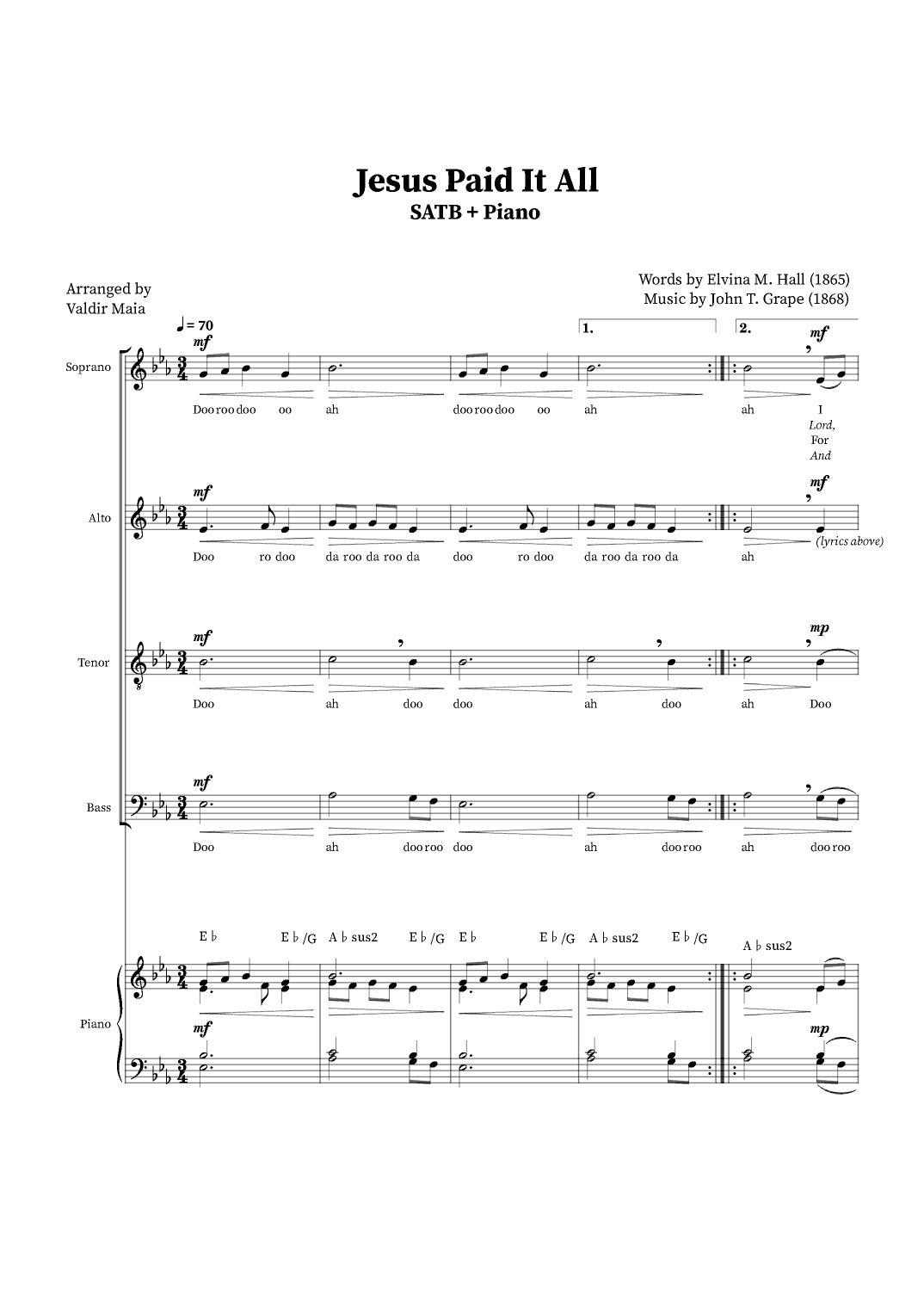 Jesus Paid It All - SATB Quartet or Choir (Piano Accompaniment + Chords) (arr. Valdir Maia)