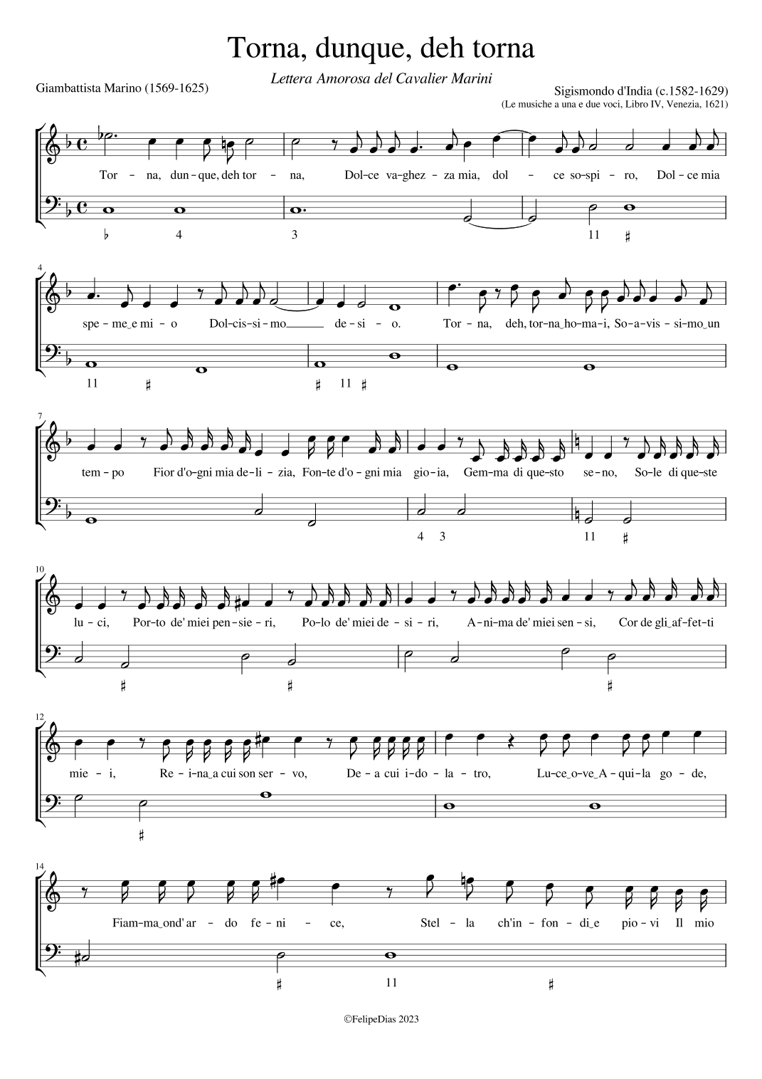 Torna, dunque deh torna (Lettera Amorosa del Cavalier Marini) (arr. Early Music Scores)