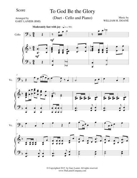 TO GOD BE THE GLORY (Duet – Cello and Piano/Score and Parts) (arr. Gary Lanier)