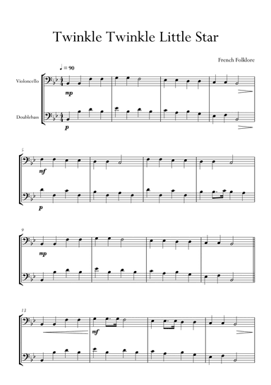 Twinkle Twinkle Little Star in Bb Major for Cello (Violoncello) and Double Bass Duo. Easy version. (arr. Matheus Araújo)