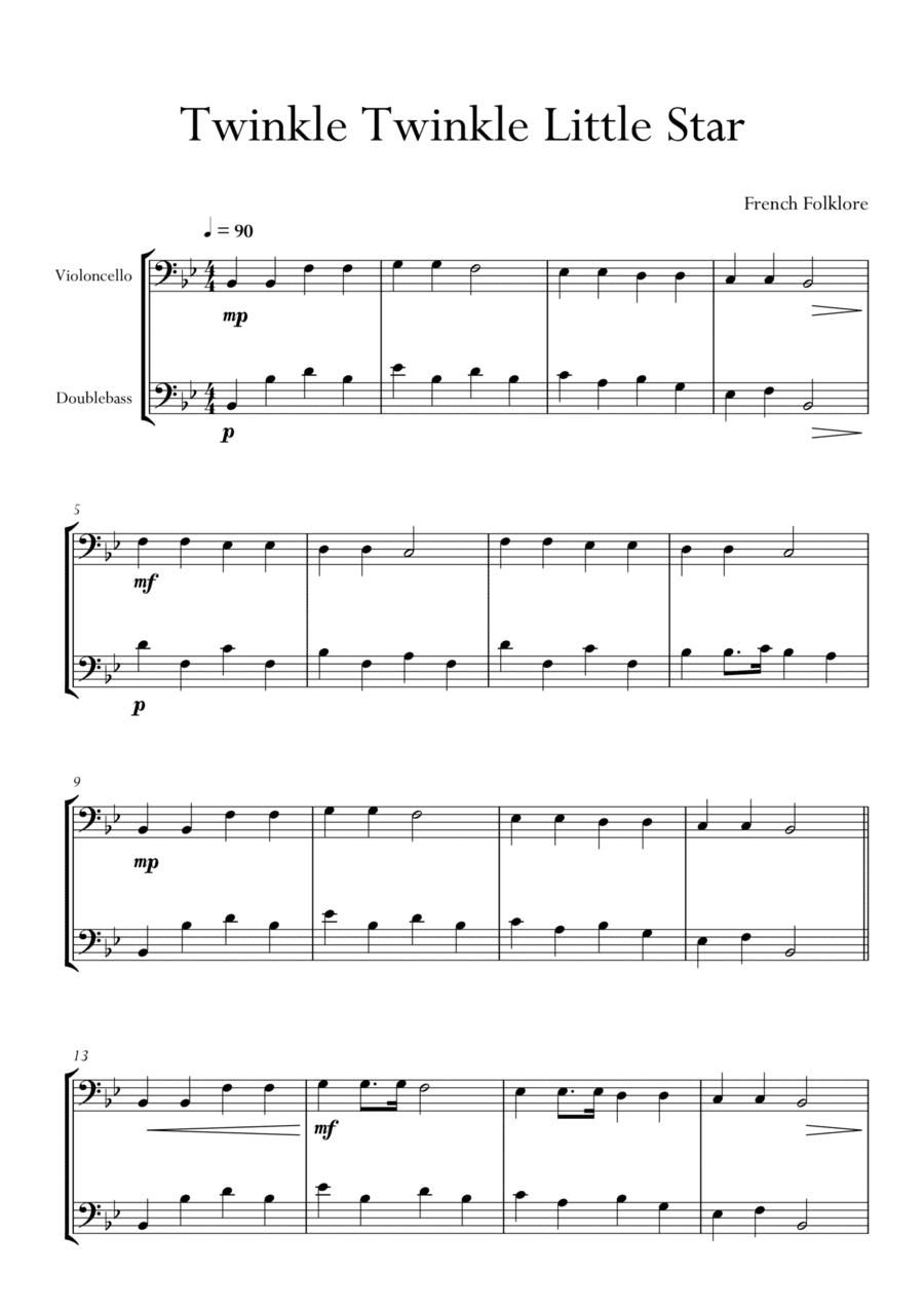 Twinkle Twinkle Little Star in Bb Major for Cello (Violoncello) and Double Bass Duo. Easy version. (arr. Matheus Araújo)