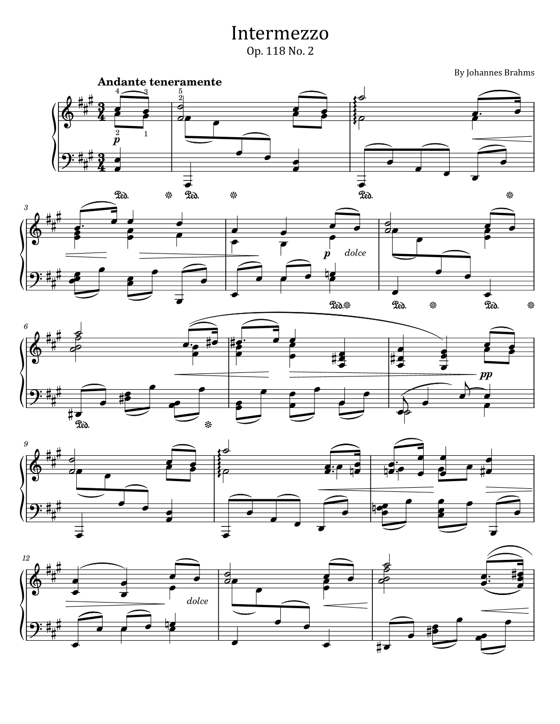 Johannes Brahms - Intermezzo - Op. 118 No. 2 (A Major) - Original With Fingered (arr. poon)