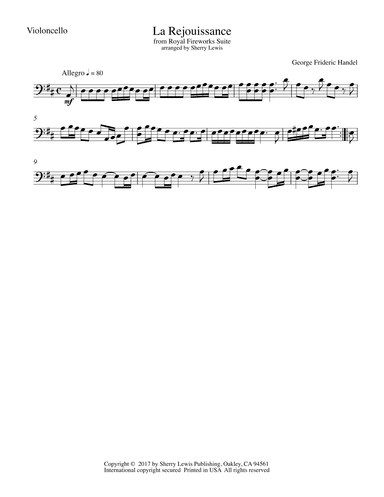 La ReJOUISSANCE from Royal Fireworks for Cello Solo (arr. Sherry Lewis)
