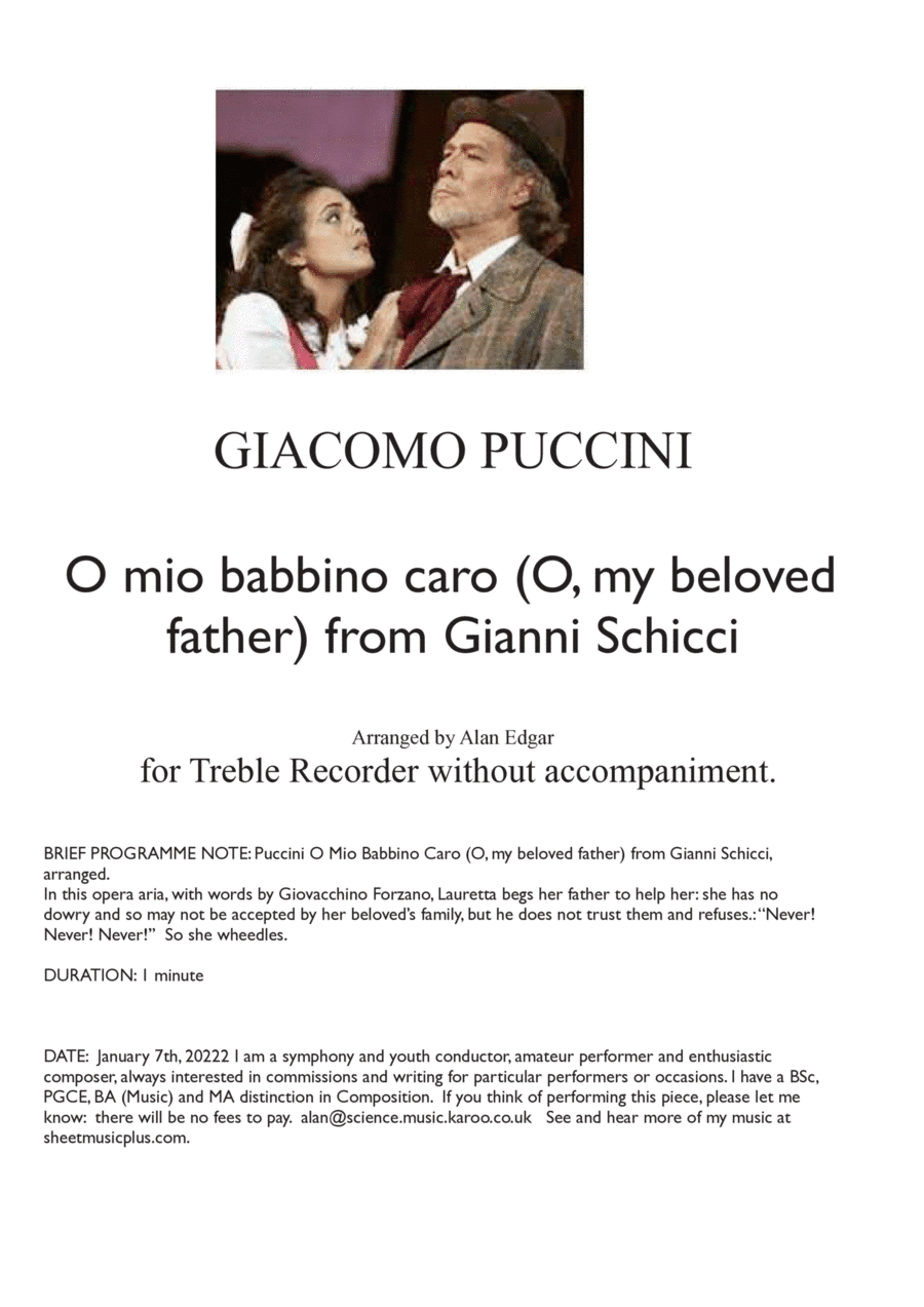 O MIO BABBINO CARO (O, my beloved father) from Gianni Schicci, arranged for Treble Recorder without (arr. Alan Edgar)