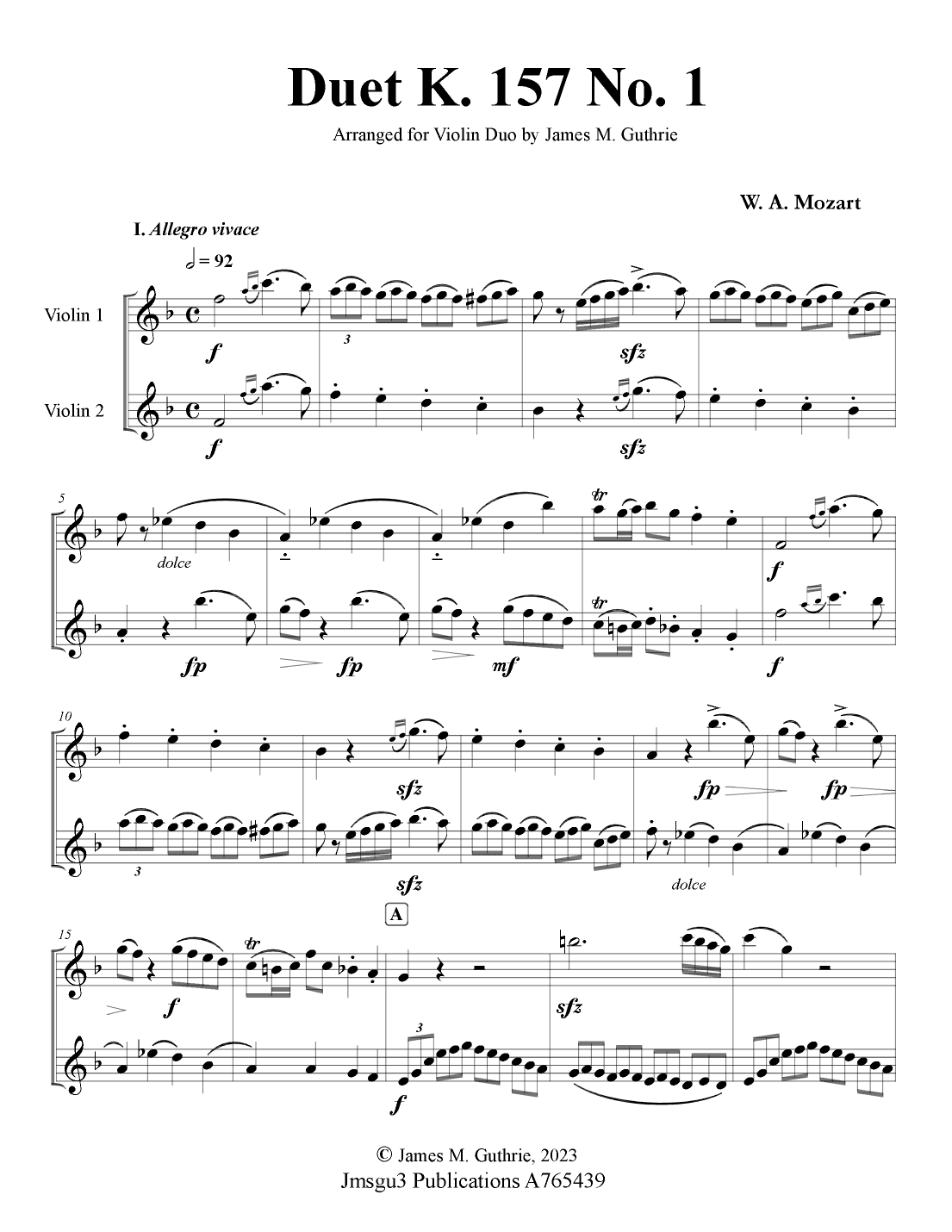 Mozart: K. 157 Complete - Three Duets for Violin Duo (arr. James M. Guthrie)