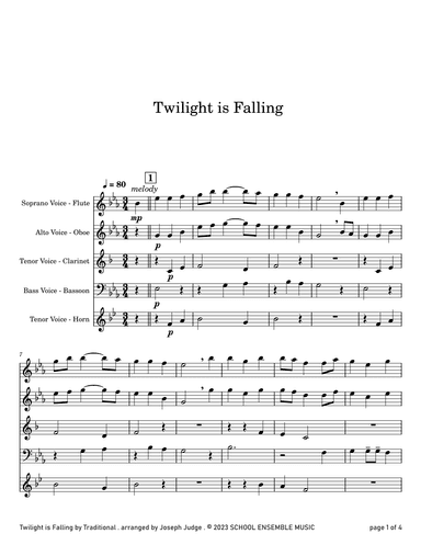 Twilight Is Falling for Woodwind Quartet in Schools (arr. Joseph Judge)