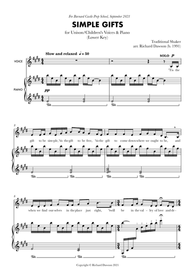 Simple Gifts - Lower Key (E major) (arr. Richard Dawson)
