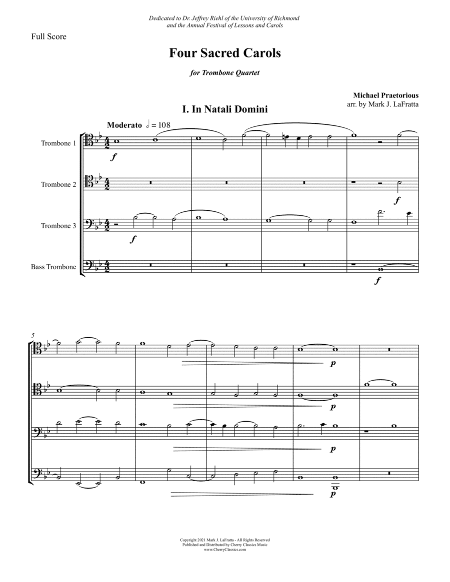 Four Sacred Christmas Carols for Trombone Quartet Ensemble (arr. Mark J. LaFratta)