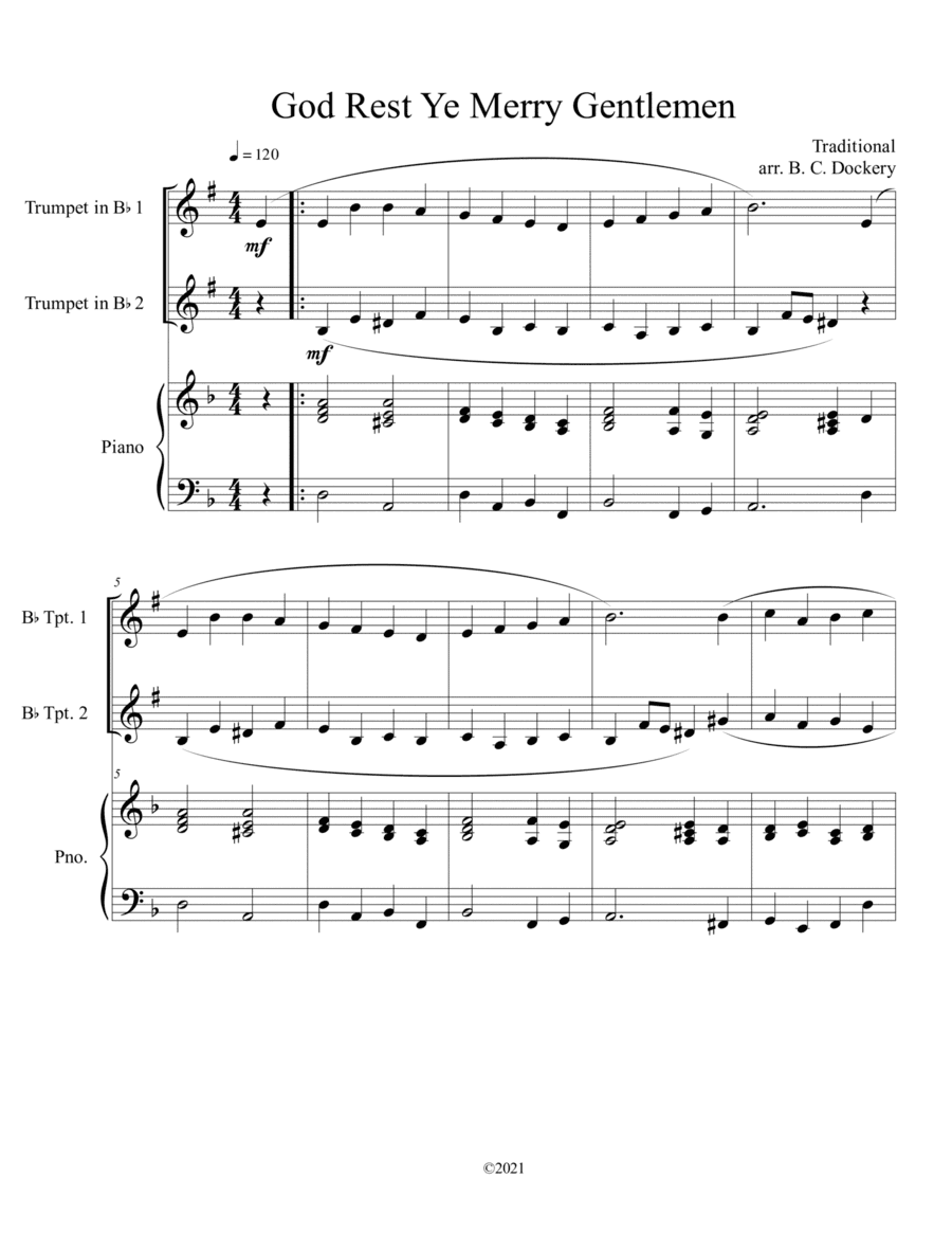 God Rest Ye Merry Gentlemen (Trumpet Duet) with optional piano accompaniment (arr. B. C. Dockery)