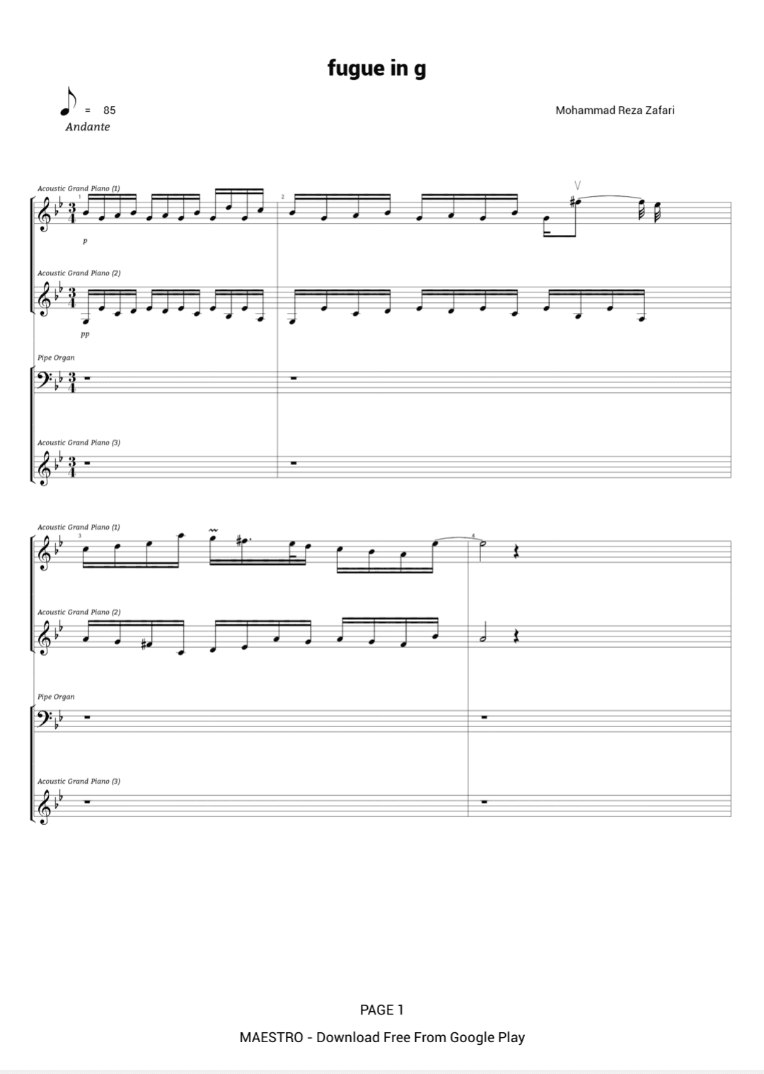 Fugue in g for organ and piano