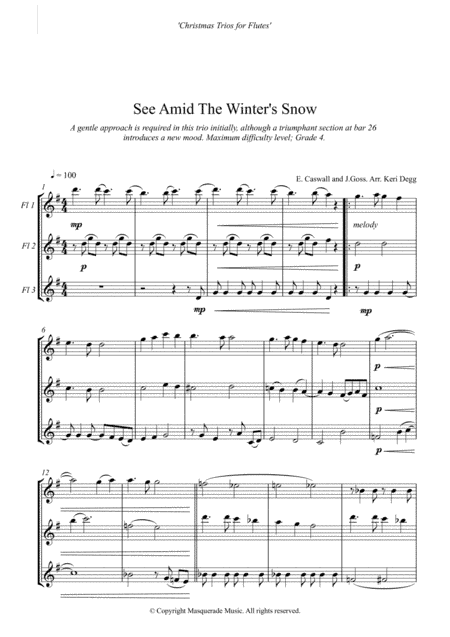 See Amid The Winter's Snow - Flute trio (3 C flutes) grades 2-4 roughly (confident beginner - early (arr. Keri Degg)