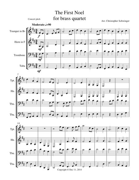 The First Noel - brass quartet (trumpet, French horn, trombone, tuba) (arr. Christopher Schwinger)
