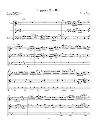 Slippery Elm Rag (1912), by Clarence Woods, arranged for Woodwind Trio (arr. J.W. Carter)
