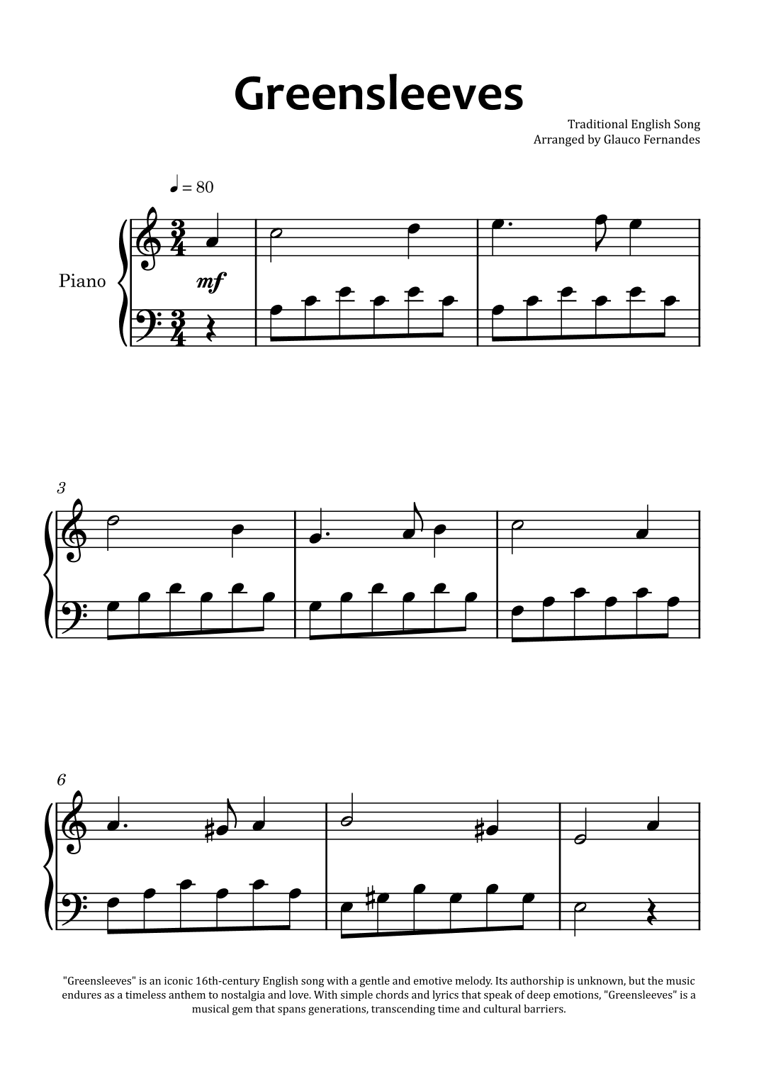 Greensleeves - Easy Piano (arr. Glauco Fernandes)