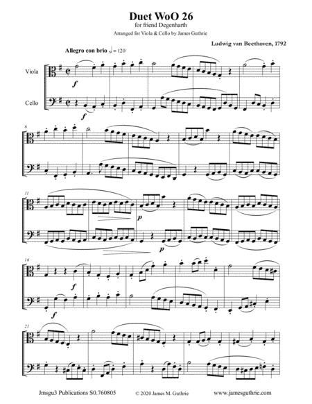 Beethoven: Duet WoO 26 for Viola & Cello (arr. James Guthrie, ASCAP)