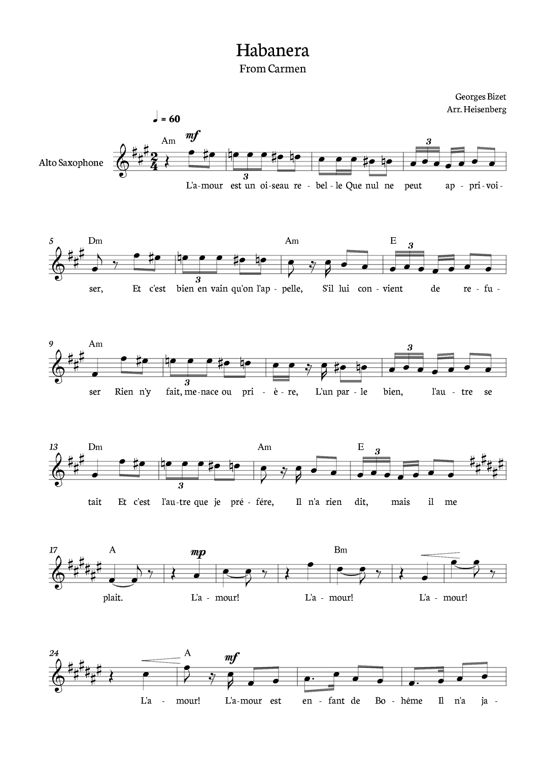 Habanera from Carmen for Alto Sax with chords. (arr. Heisenberg)