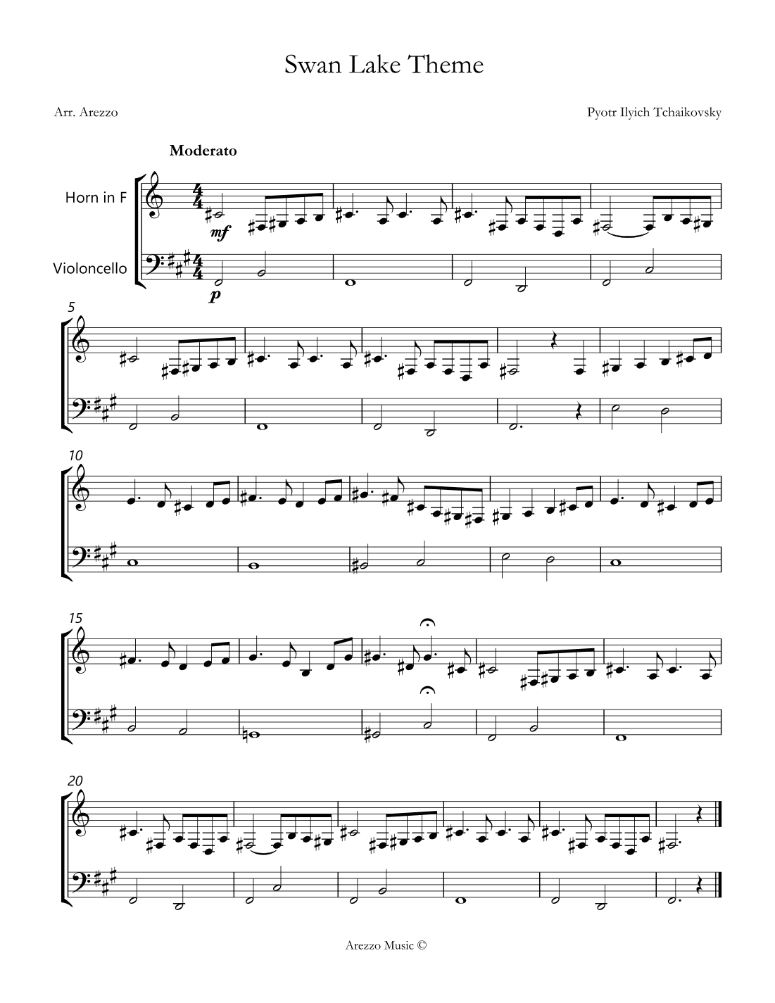 the swan lake theme sheet music for beginners Horn and Cello (arr. Arezzo Music)