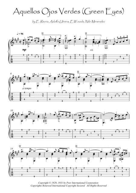 Aquellos Ojos Verdes (green Eyes) (arr. PianoSheetNow)