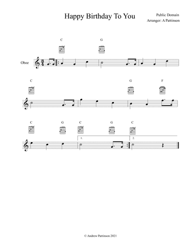 Happy Birthday To You for Easy Oboe with Guitar Chords (arr. Andrew Pattinson)