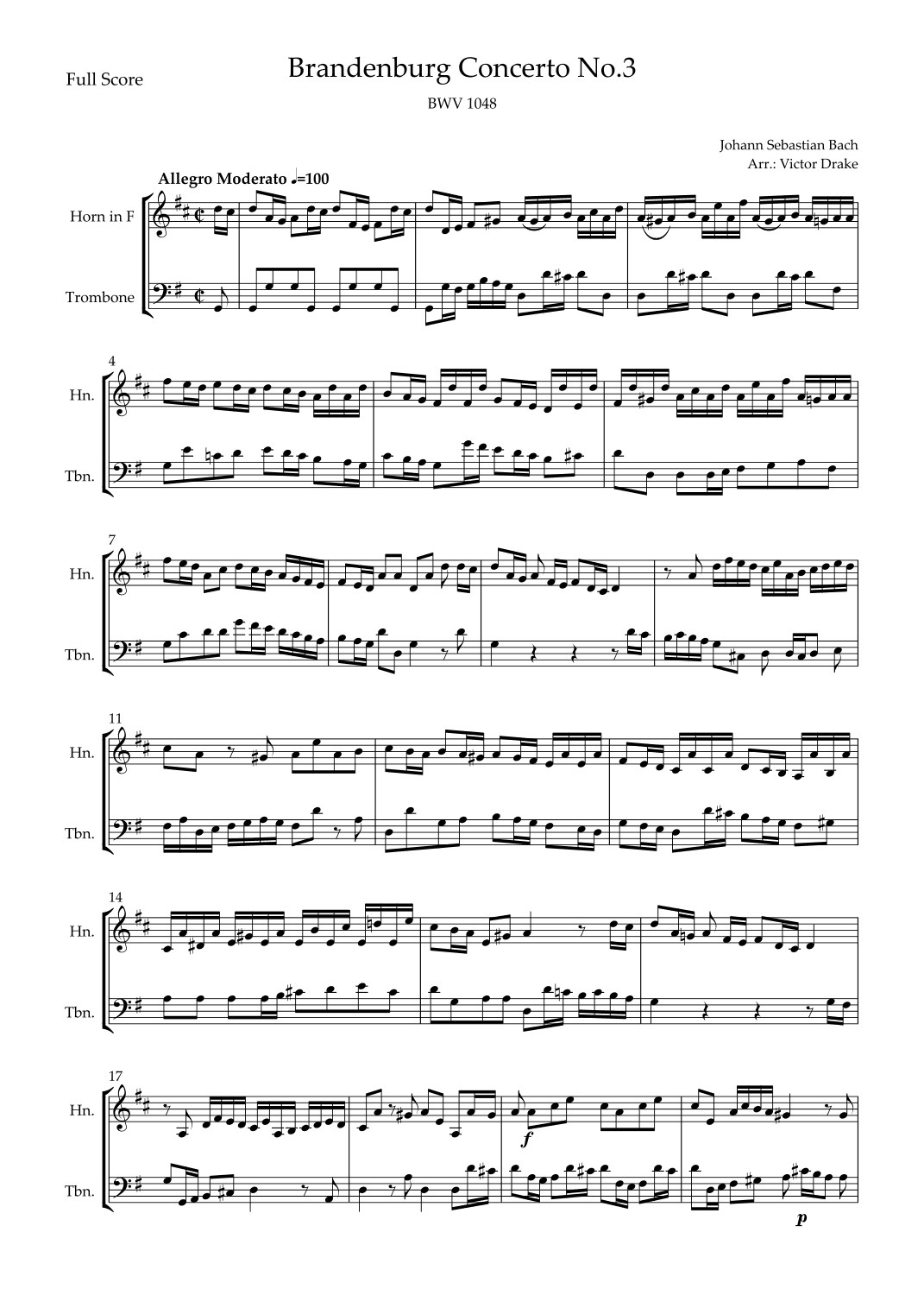 Brandenburg Concerto No. 3 in G major, BWV 1048 1st Mov. (J.S. Bach) for Trombone Duo (arr. Victor Drake)