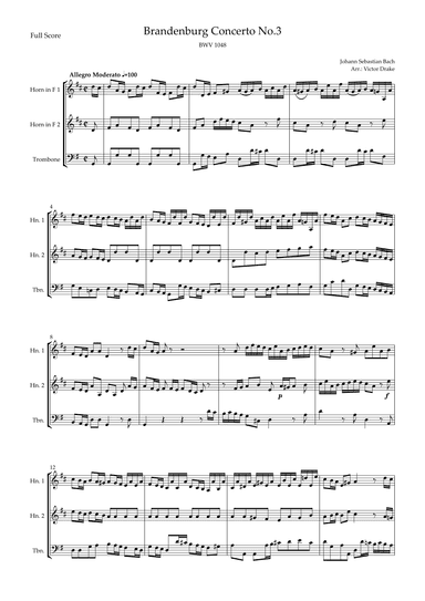 Brandenburg Concerto No. 3 in G major, BWV 1048 1st Mov. (J.S. Bach) for Brass Trio (arr. Victor Drake)