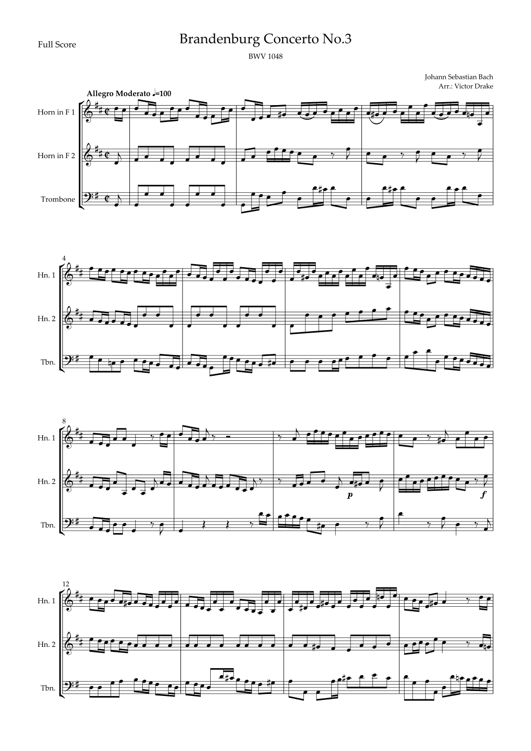Brandenburg Concerto No. 3 in G major, BWV 1048 1st Mov. (J.S. Bach) for Brass Trio (arr. Victor Drake)