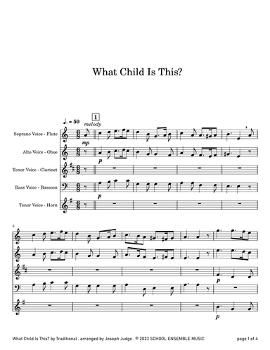 What Child Is This for Woodwind Quartet in Schools (arr. Joseph Judge)