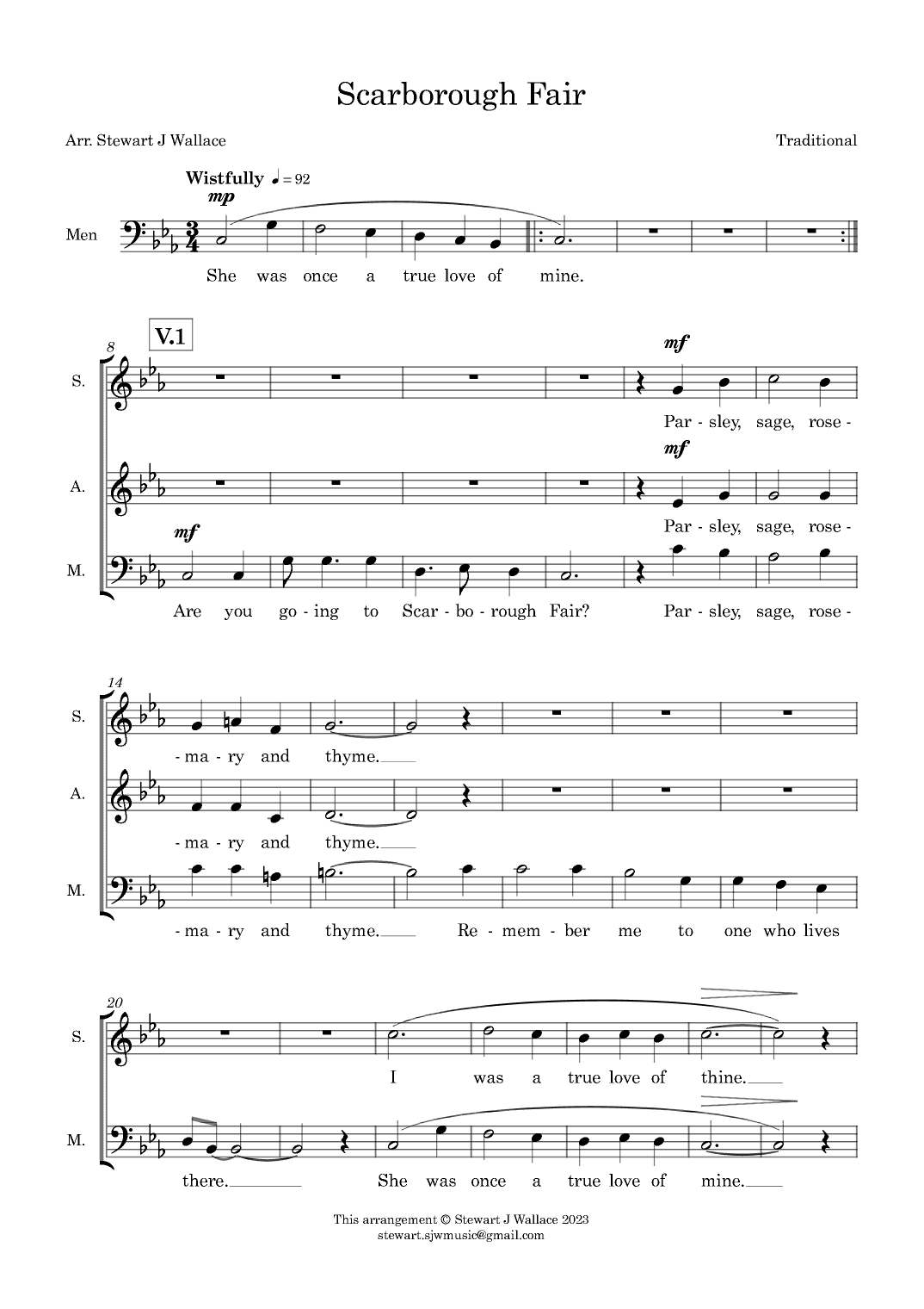 Scarborough Fair - SA-Men Vocal Score (arr. Stewart J Wallace)