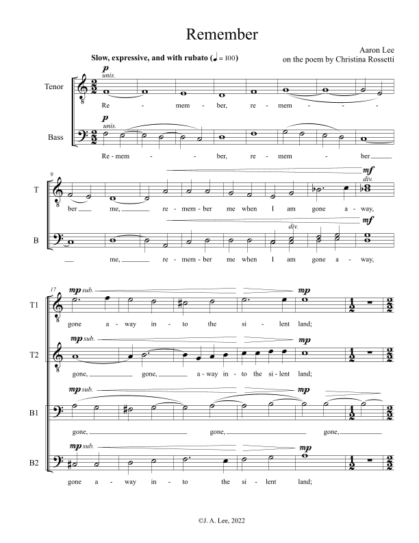 Remember (for TTBB choir, a cappella)