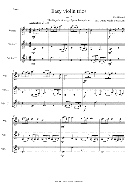 The Skye boat song (Speed bonny boat) for violin trio (arr. David Warin Solomons)