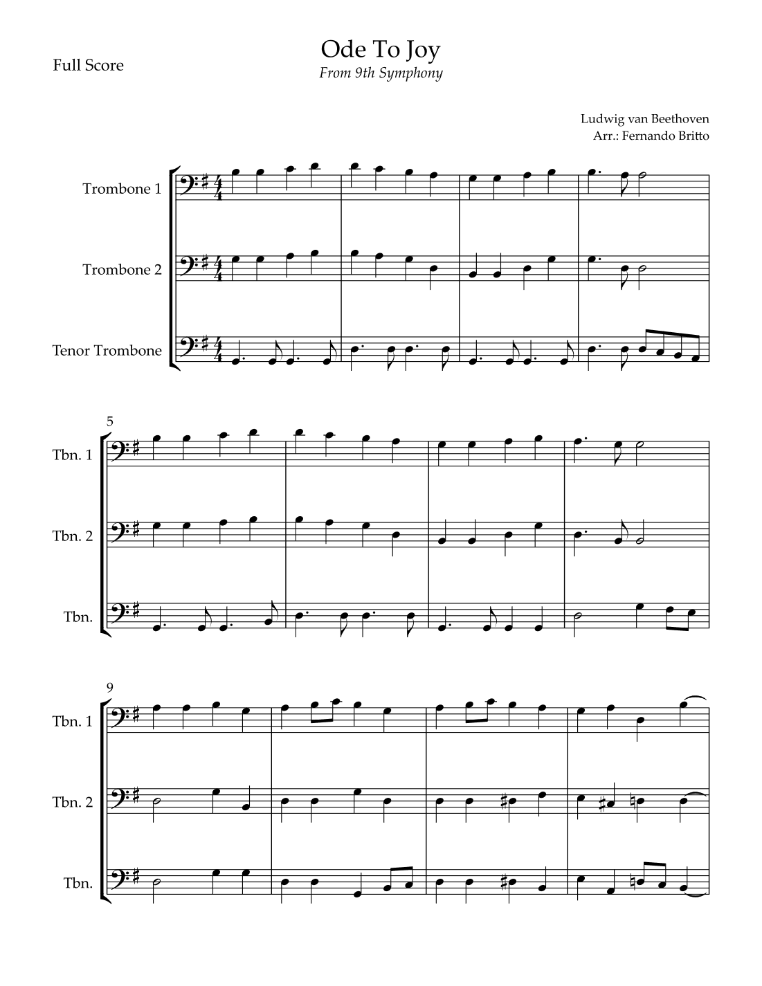Ode To Joy Theme (from Beethoven's 9th Symphony) for Trombone Trio (arr. Fernando Britto)