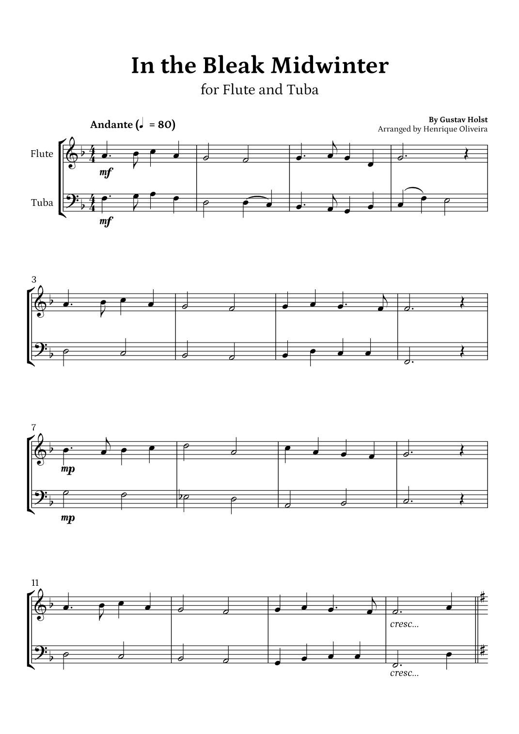 In the Bleak Midwinter (Flute and Tuba) - Beginner Level (arr. Henrique Oliveira)