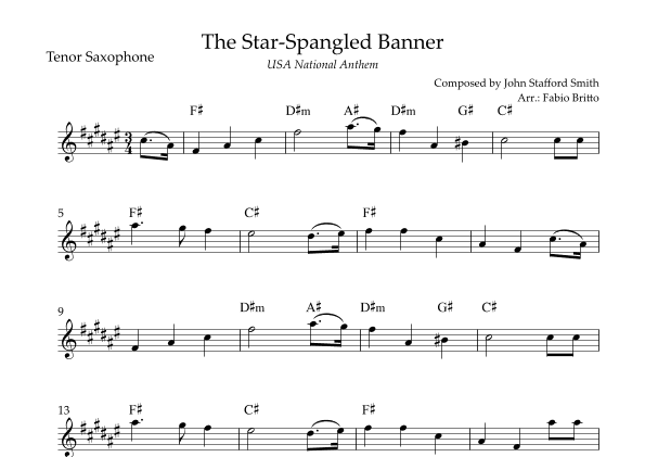 The Star Spangled Banner (USA National Anthem) for Tenor Saxophone Solo with Chords (E Major) (arr. Fabio Britto)
