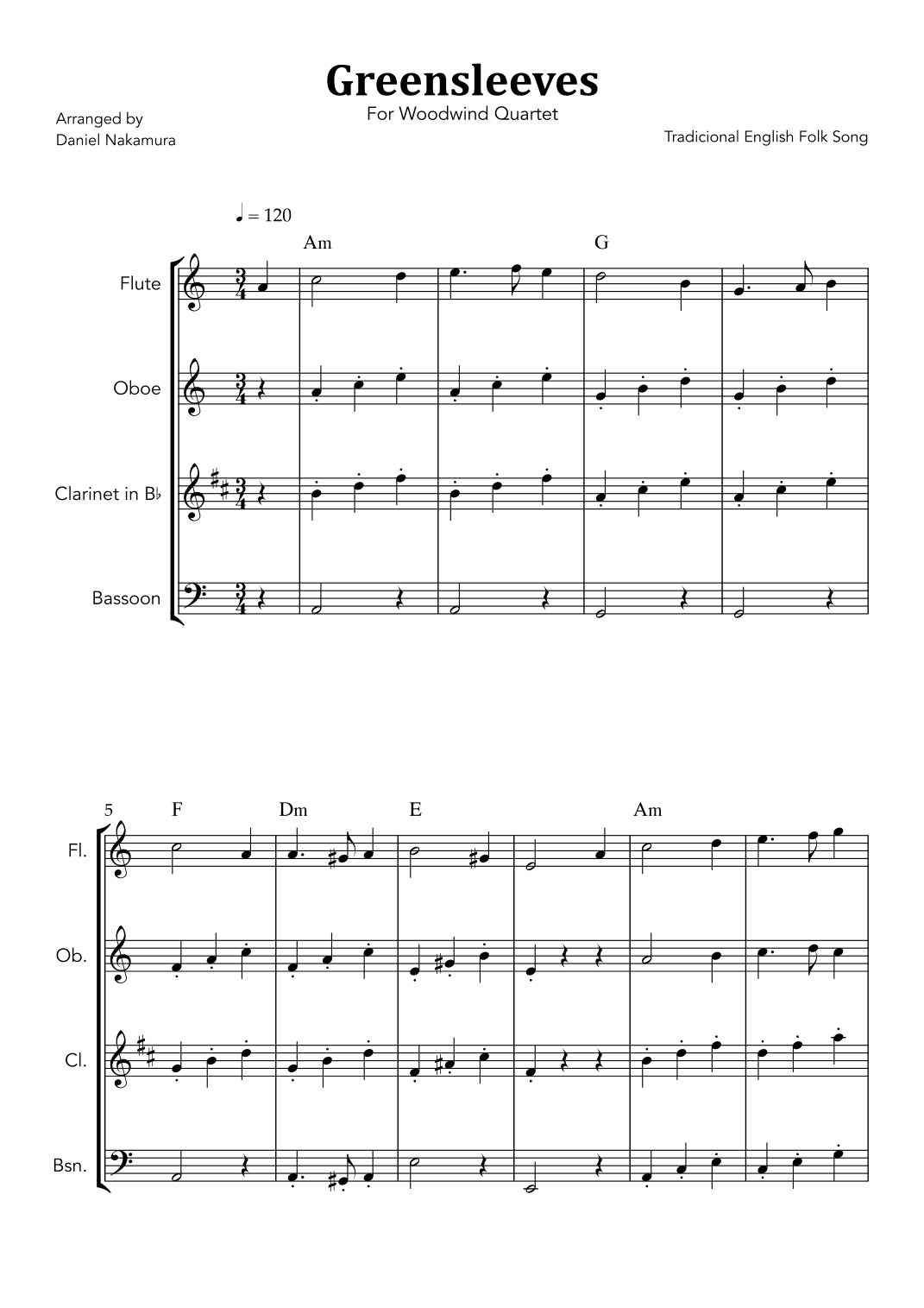 Greensleeves (for Woodwind Quartet) (arr. Daniel Nakamura)