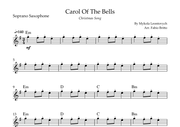 Carol Of The Bells (Christmas Song) for Soprano Saxophone Solo with Chords (arr. Fabio Britto)