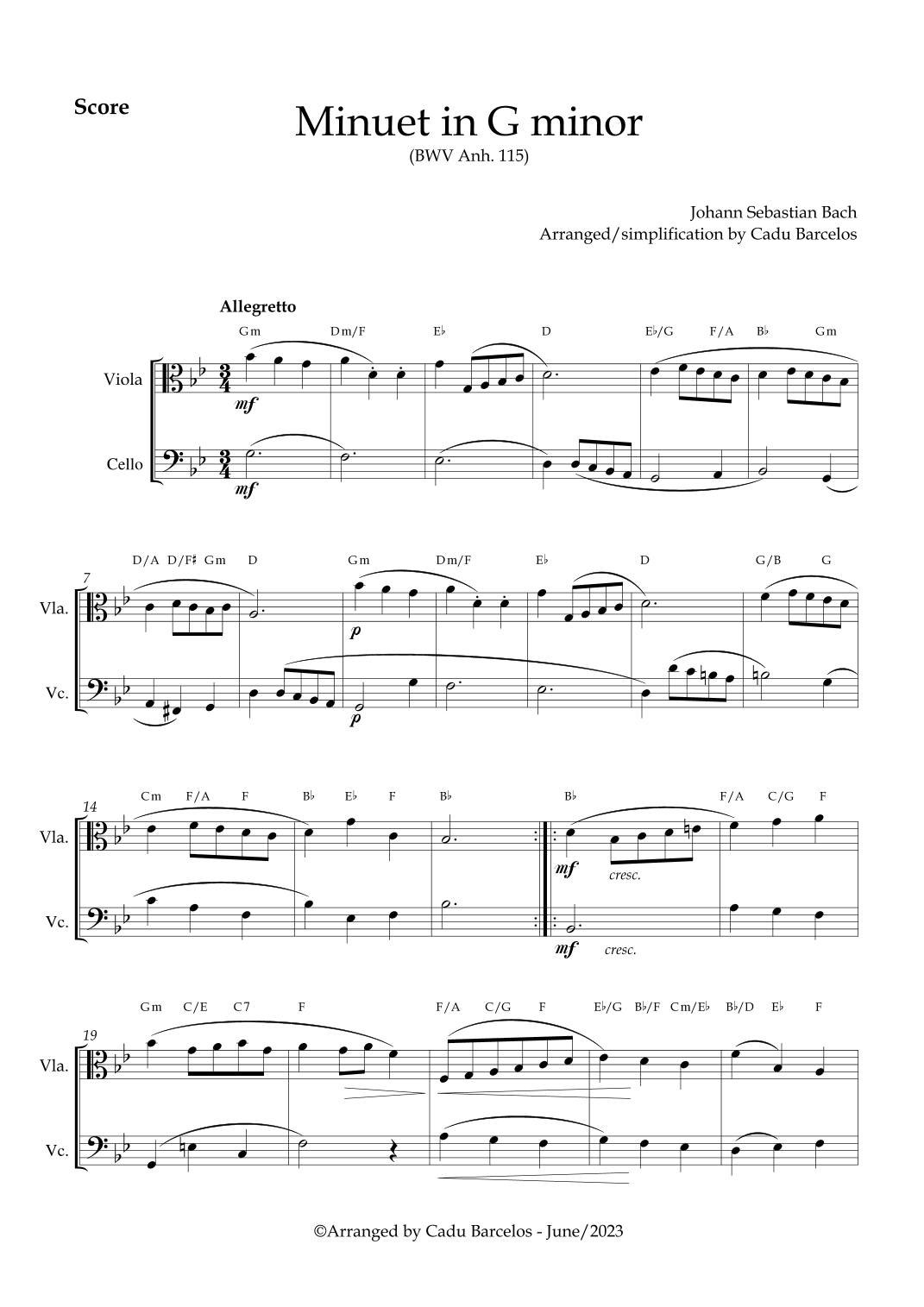 Minuet in G minor BWV anh 115 (Bach) Viola and Cello chords (arr. Cadu Barcelos)