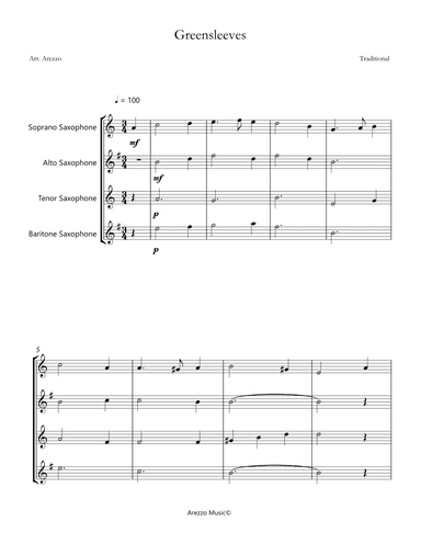 greensleeves saxophone quartet sheet music (arr. Arezzo Music)