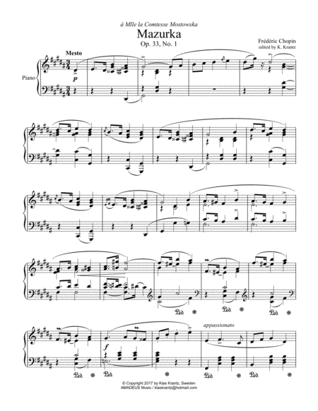 Mazurka, Mesto Op. 33, No 1 for piano solo (arr. K. Krantz)