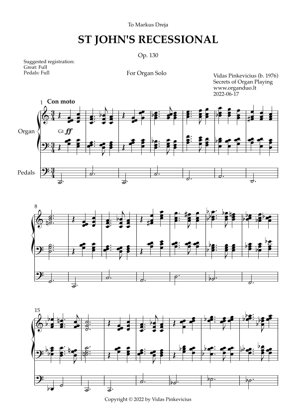 St John's Recessional, Op. 130 (Organ Solo) by Vidas Pinkevicius (2022)